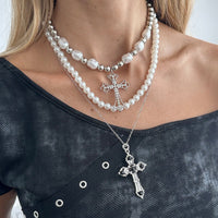 Thumbnail for Chic 3pcs Rhinestone Inlaid Hollow Cross Pendant Pearl Chain Necklace Set - ArtGalleryZen