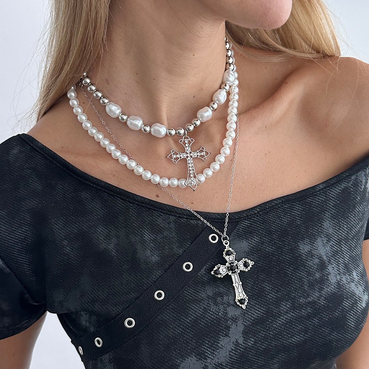 Chic 3pcs Rhinestone Inlaid Hollow Cross Pendant Pearl Chain Necklace Set - ArtGalleryZen