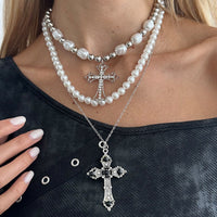 Thumbnail for Chic 3pcs Rhinestone Inlaid Hollow Cross Pendant Pearl Chain Necklace Set - ArtGalleryZen