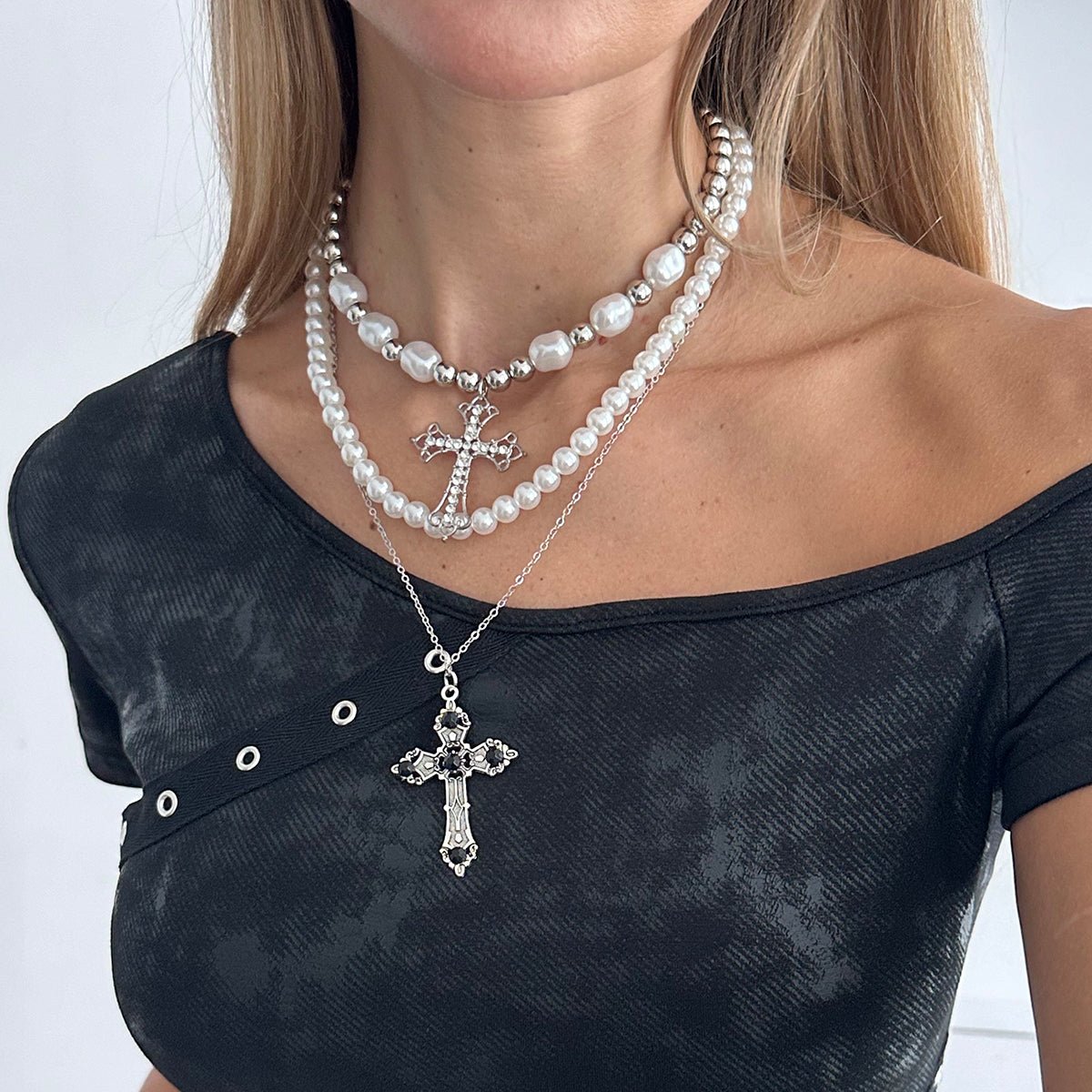Chic 3pcs Rhinestone Inlaid Hollow Cross Pendant Pearl Chain Necklace Set - ArtGalleryZen