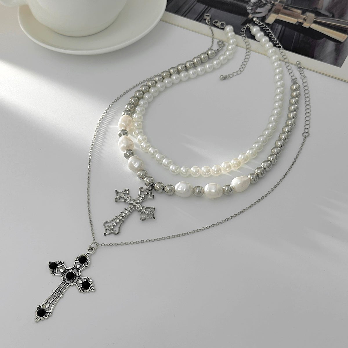Chic 3pcs Rhinestone Inlaid Hollow Cross Pendant Pearl Chain Necklace Set - ArtGalleryZen