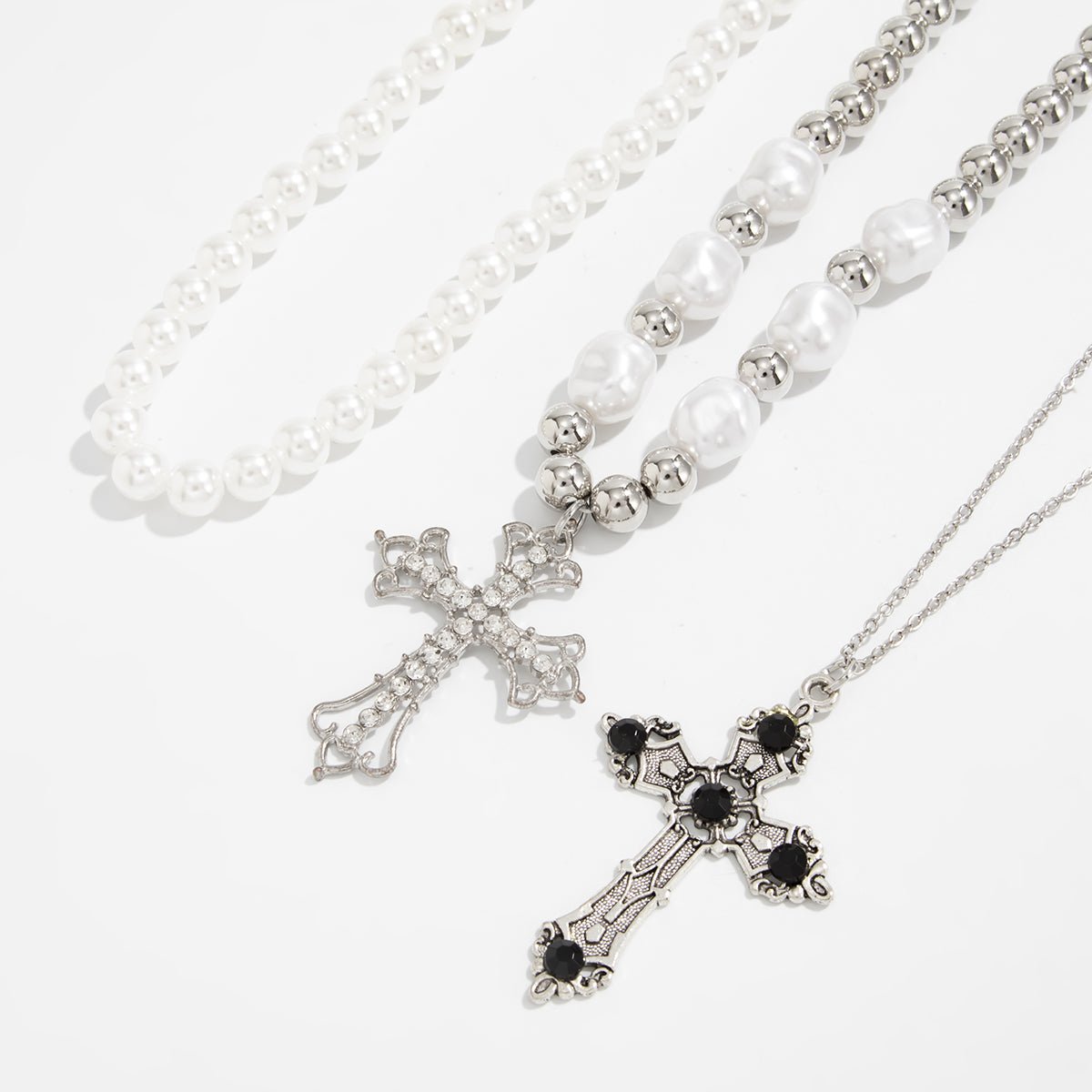 Chic 3pcs Rhinestone Inlaid Hollow Cross Pendant Pearl Chain Necklace Set - ArtGalleryZen