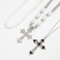 Thumbnail for Chic 3pcs Rhinestone Inlaid Hollow Cross Pendant Pearl Chain Necklace Set - ArtGalleryZen