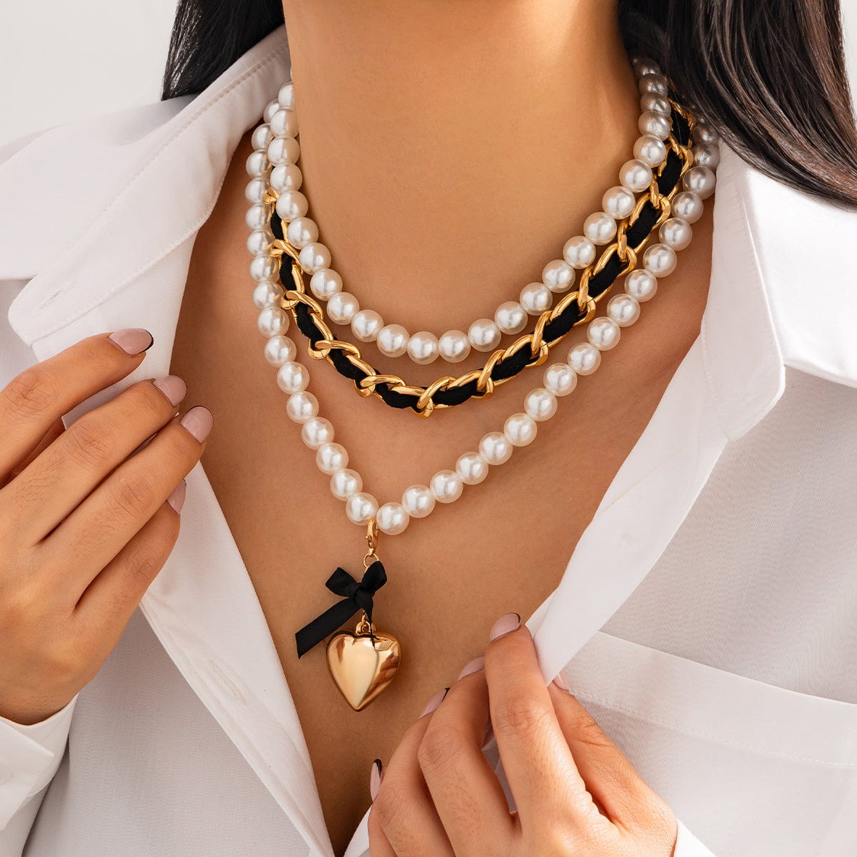 Chic 3pcs Ribbon Heart Pendant Pearl Chain Velvet Necklace Set - ArtGalleryZen