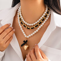 Thumbnail for Chic 3pcs Ribbon Heart Pendant Pearl Chain Velvet Necklace Set - ArtGalleryZen