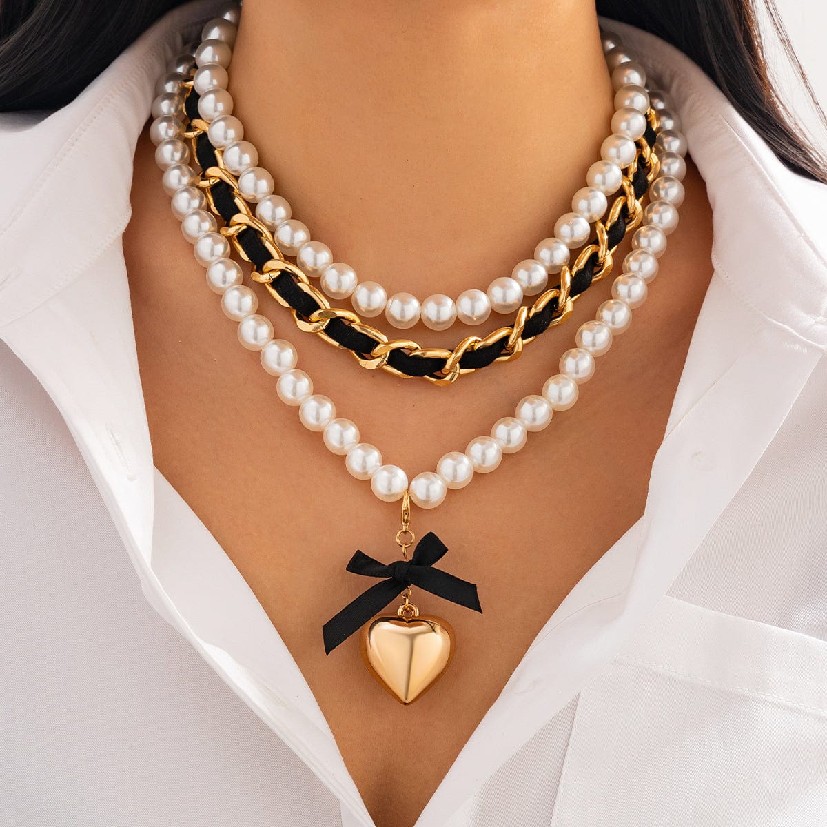 Chic 3pcs Ribbon Heart Pendant Pearl Chain Velvet Necklace Set - ArtGalleryZen