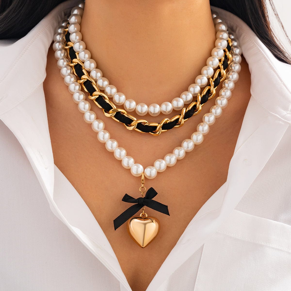 Chic 3pcs Ribbon Heart Pendant Pearl Chain Velvet Necklace Set