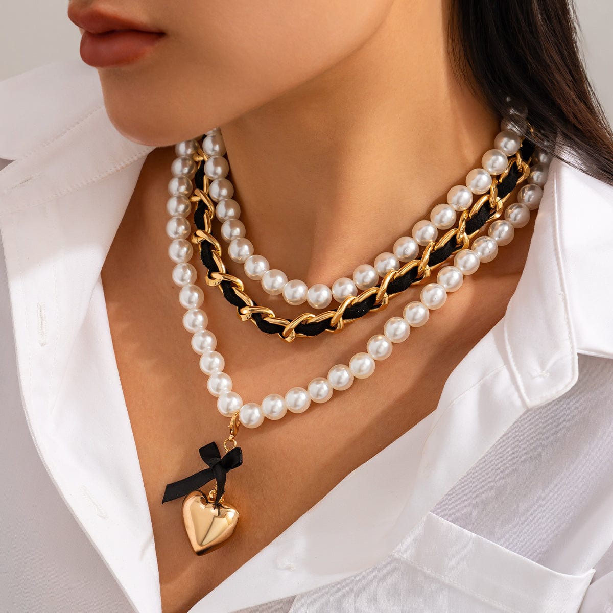 Chic 3pcs Ribbon Heart Pendant Pearl Chain Velvet Necklace Set