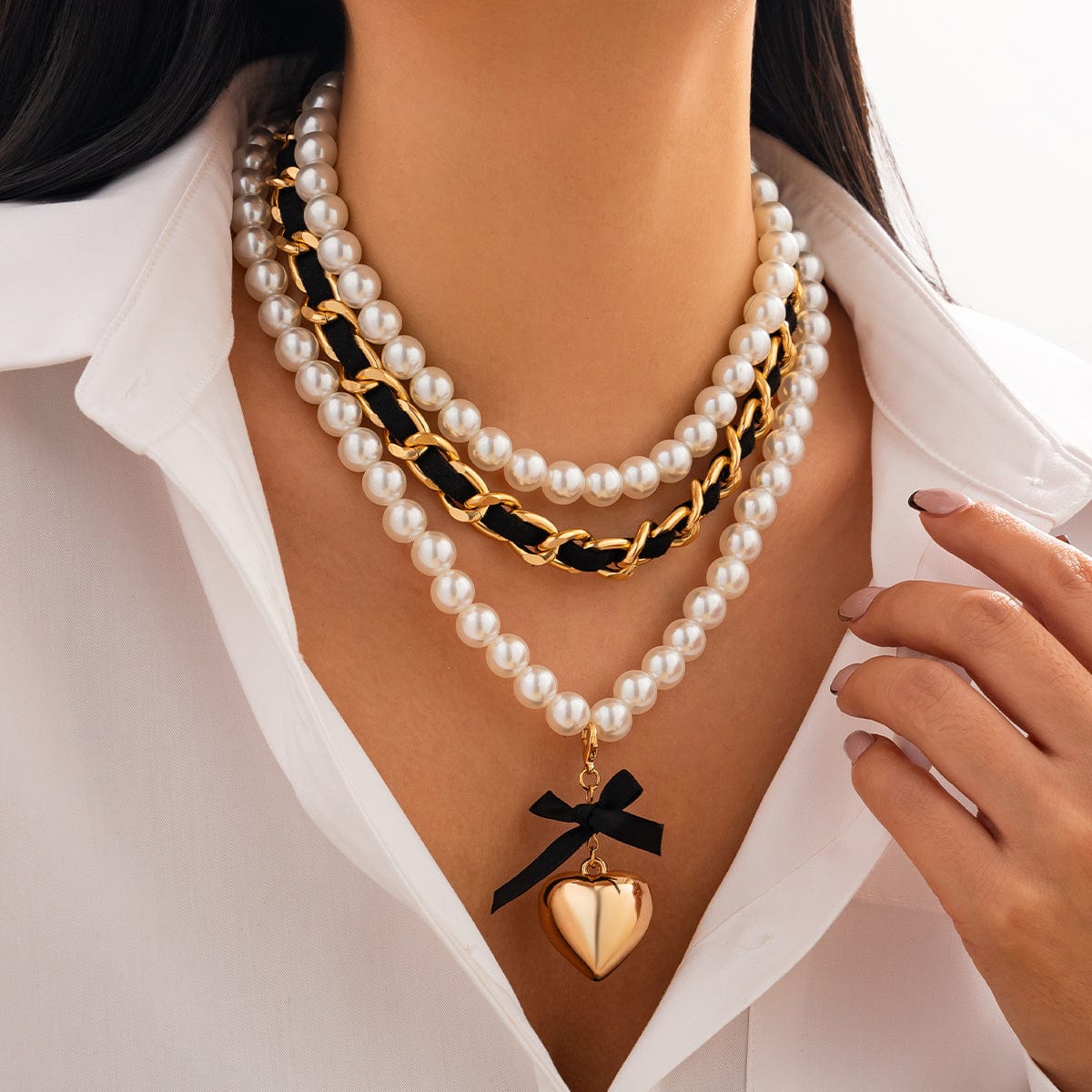 Chic 3pcs Ribbon Heart Pendant Pearl Chain Velvet Necklace Set