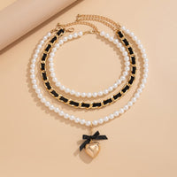 Thumbnail for Chic 3pcs Ribbon Heart Pendant Pearl Chain Velvet Necklace Set