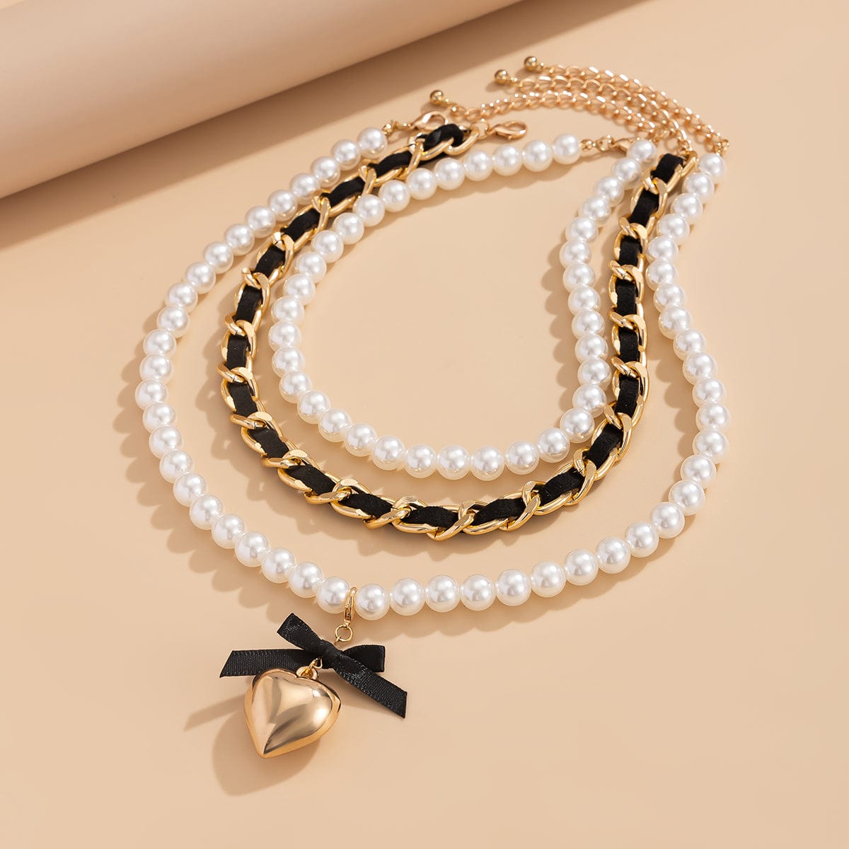 Chic 3pcs Ribbon Heart Pendant Pearl Chain Velvet Necklace Set