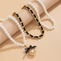 Thumbnail for Chic 3pcs Ribbon Heart Pendant Pearl Chain Velvet Necklace Set