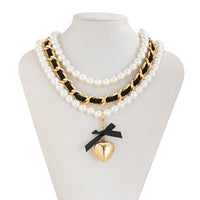 Thumbnail for Chic 3pcs Ribbon Heart Pendant Pearl Chain Velvet Necklace Set