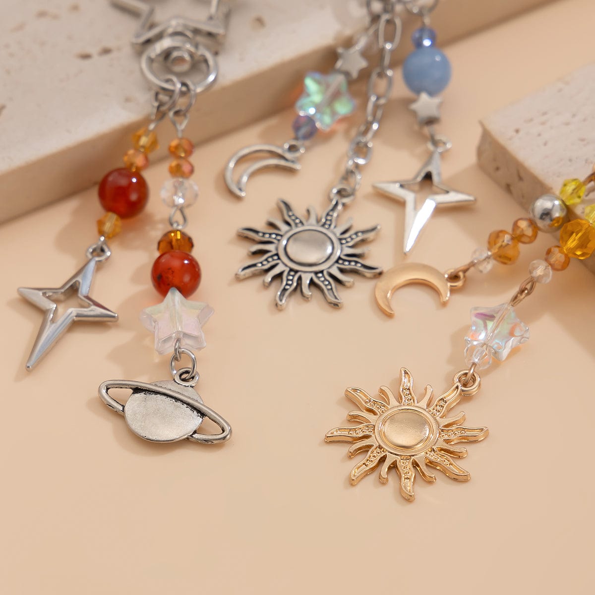Chic 3Pcs Star Sun Moon Celestial Crystal Keychain Set - ArtGalleryZen