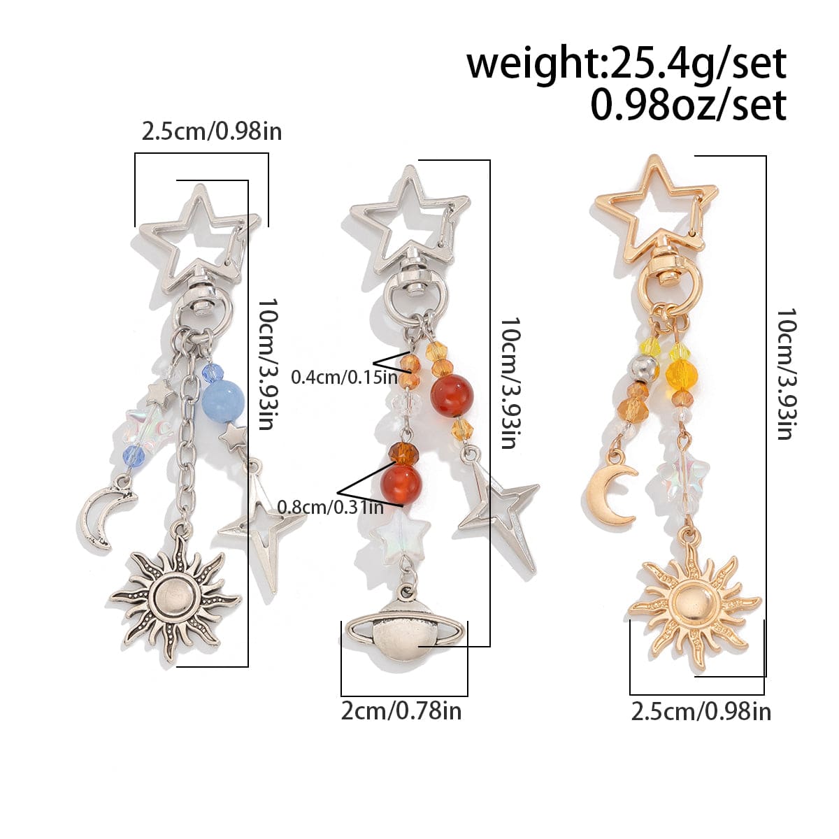 Chic 3Pcs Star Sun Moon Celestial Crystal Keychain Set - ArtGalleryZen