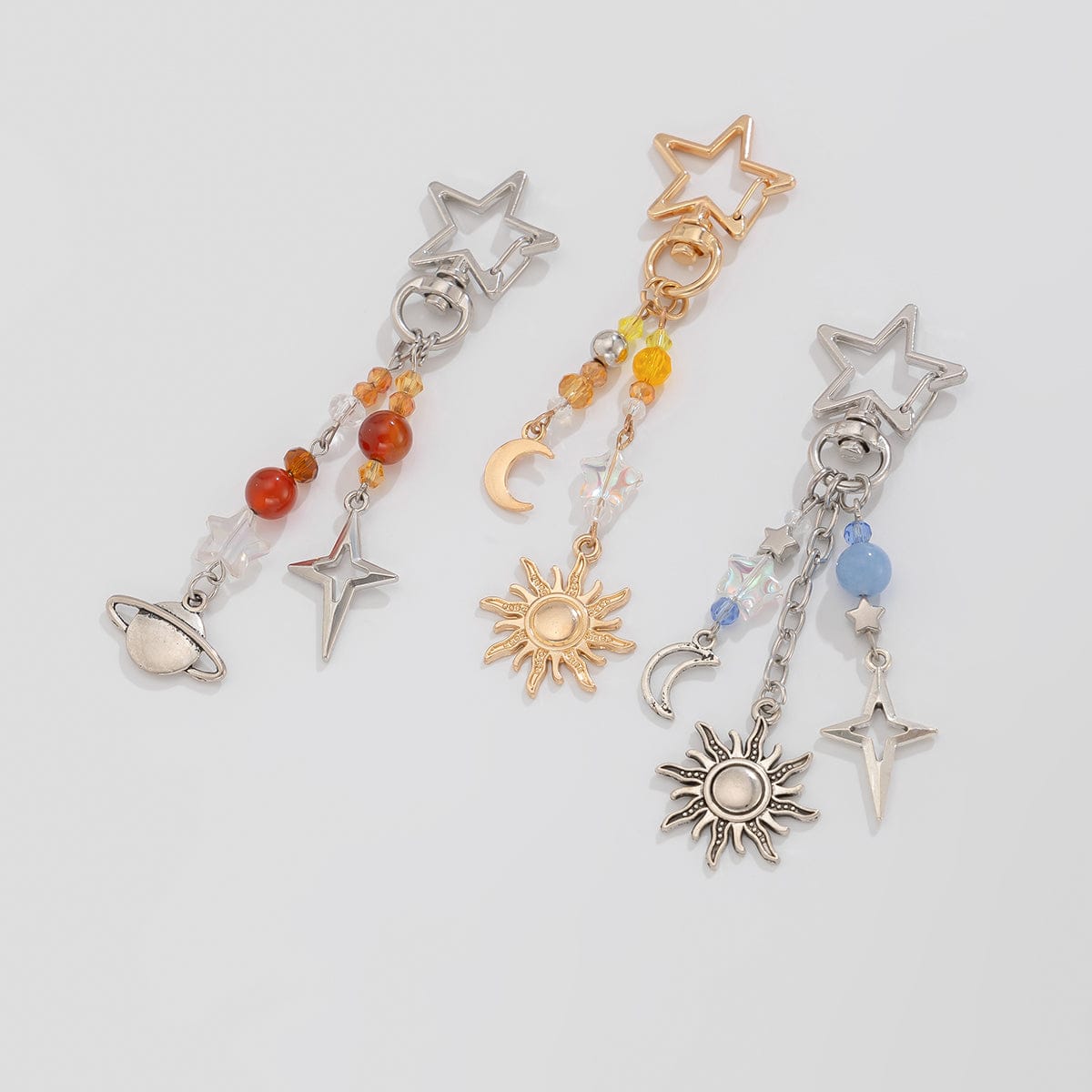 Chic 3Pcs Star Sun Moon Celestial Crystal Keychain Set - ArtGalleryZen