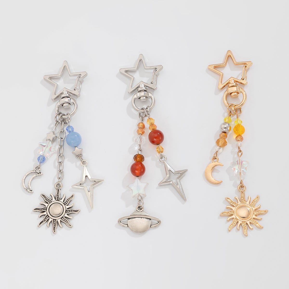 Chic 3Pcs Star Sun Moon Celestial Crystal Keychain Set