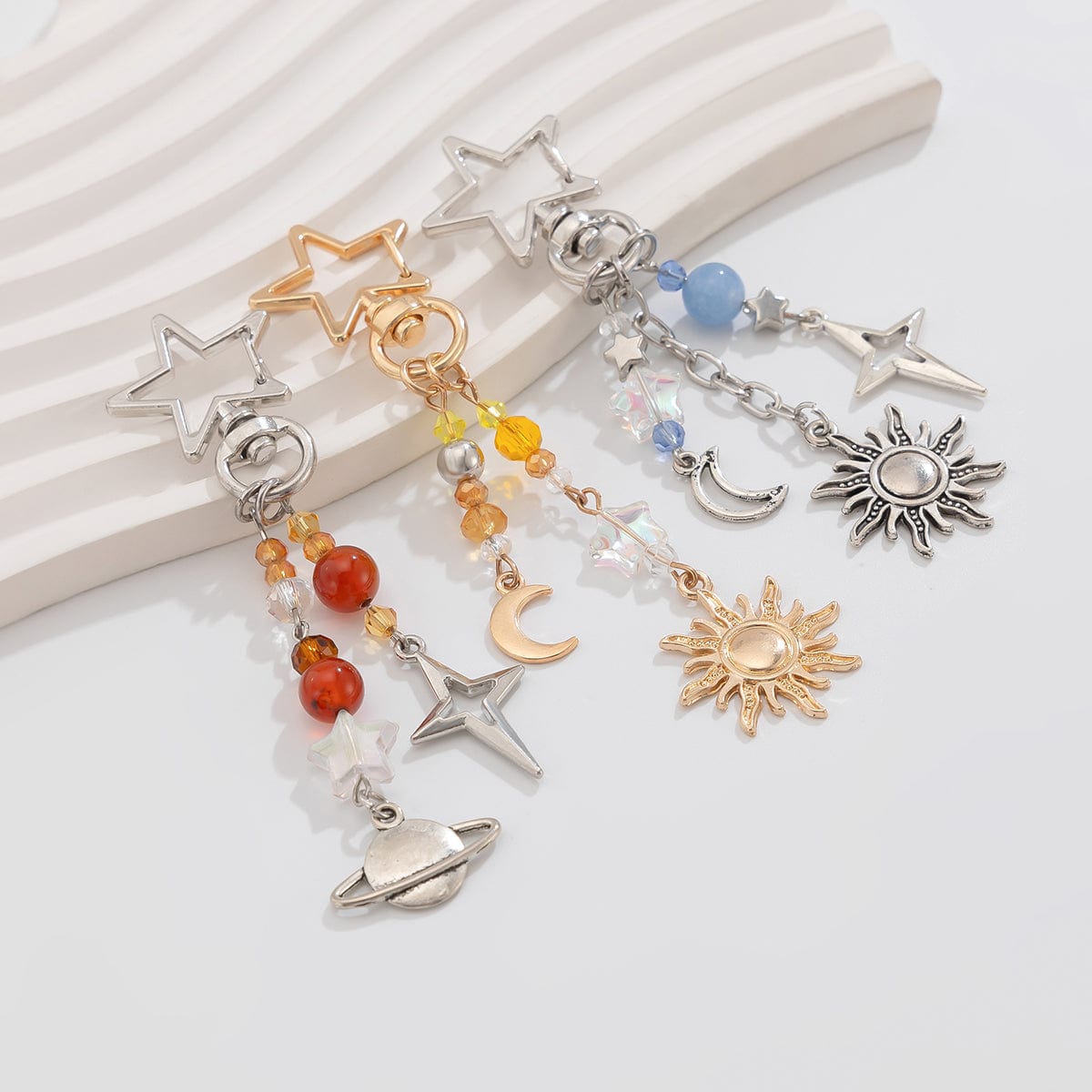 Chic 3Pcs Star Sun Moon Celestial Crystal Keychain Set