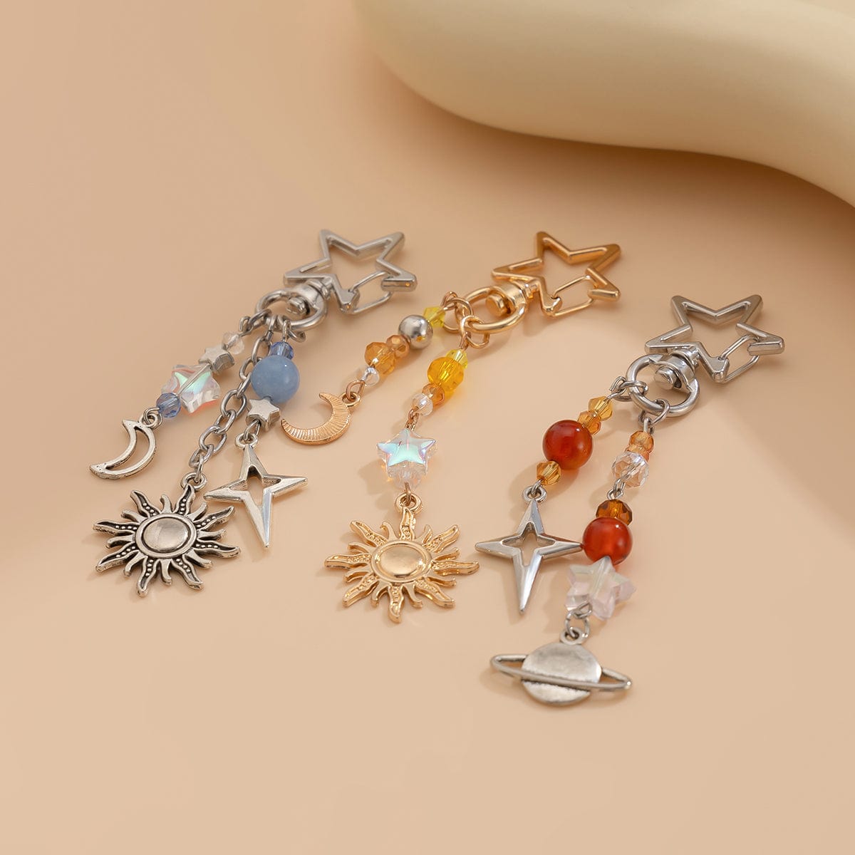 Chic 3Pcs Star Sun Moon Celestial Crystal Keychain Set