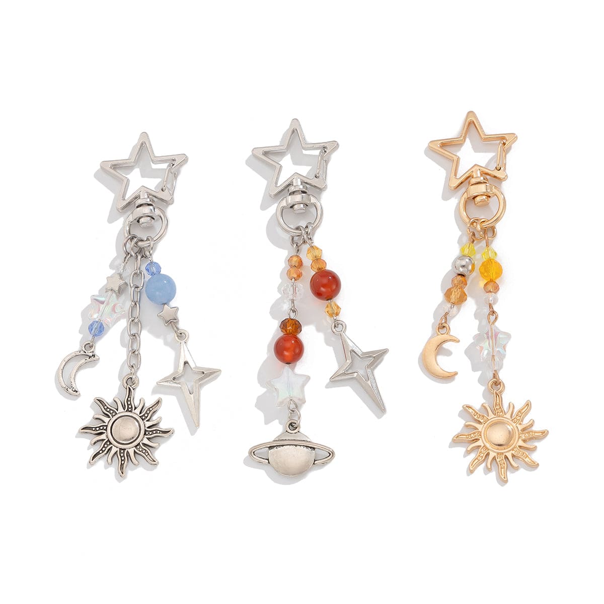 Chic 3Pcs Star Sun Moon Celestial Crystal Keychain Set