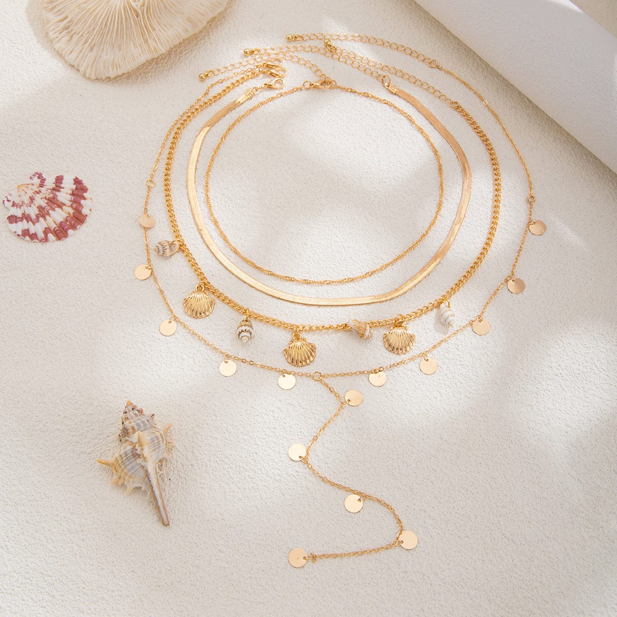 Chic 4pcs Conch Shell Sequin Tassel Herringbone Chain Y Necklace Set - ArtGalleryZen