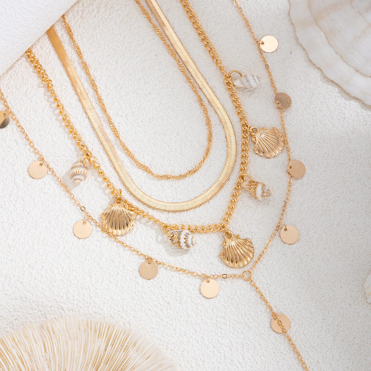 Chic 4pcs Conch Shell Sequin Tassel Herringbone Chain Y Necklace Set - ArtGalleryZen
