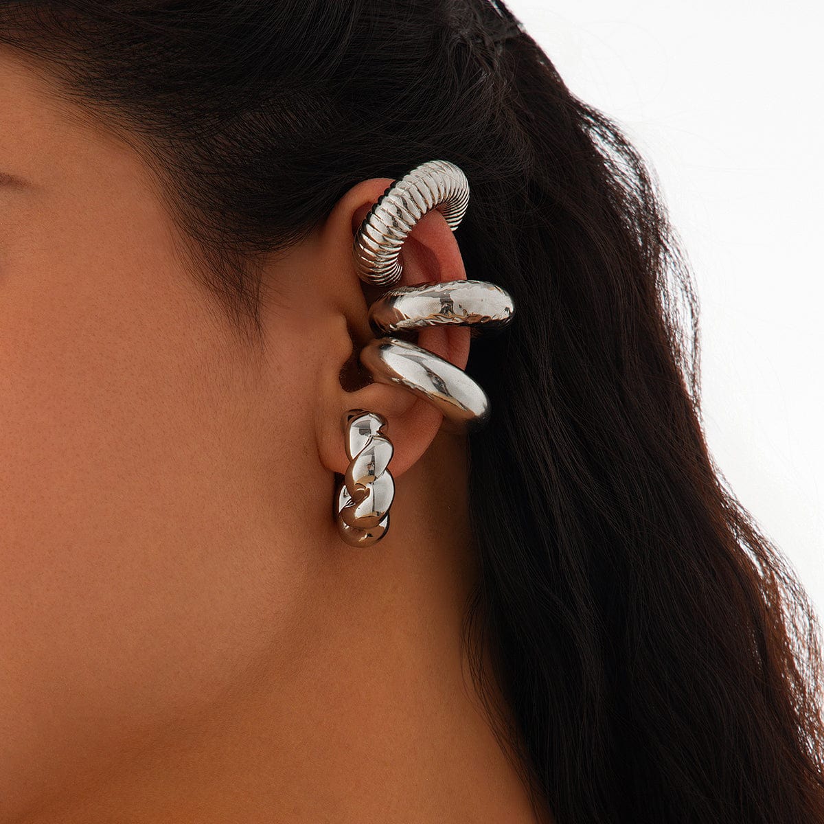 Chic 4pcs Gold Silver Plated Textured Ear Cuff Earrings Set - ArtGalleryZen