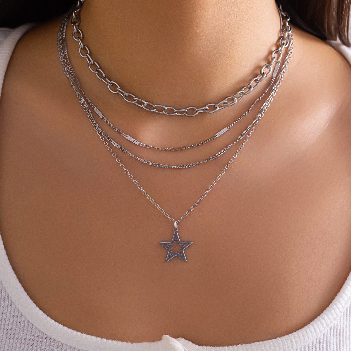 Chic 4pcs Hollow Star Pendant Cable Chain Necklace Set - ArtGalleryZen