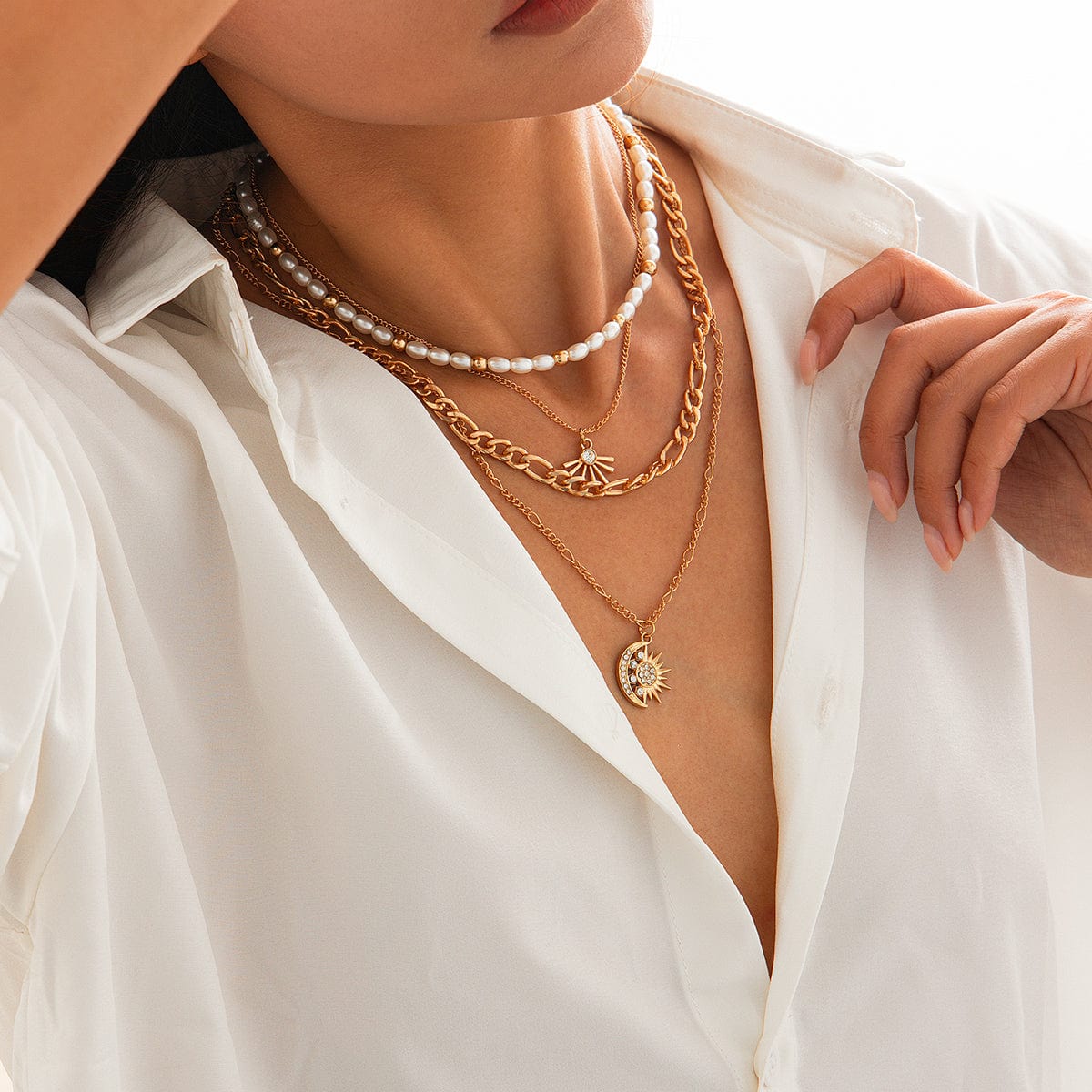 Chic 4pcs Rhinestone Inlaid Sun Moon Pendant Pearl Chain Necklace Set - ArtGalleryZen