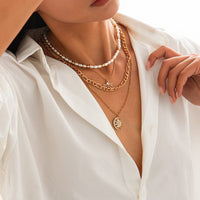 Thumbnail for Chic 4pcs Rhinestone Inlaid Sun Moon Pendant Pearl Chain Necklace Set - ArtGalleryZen
