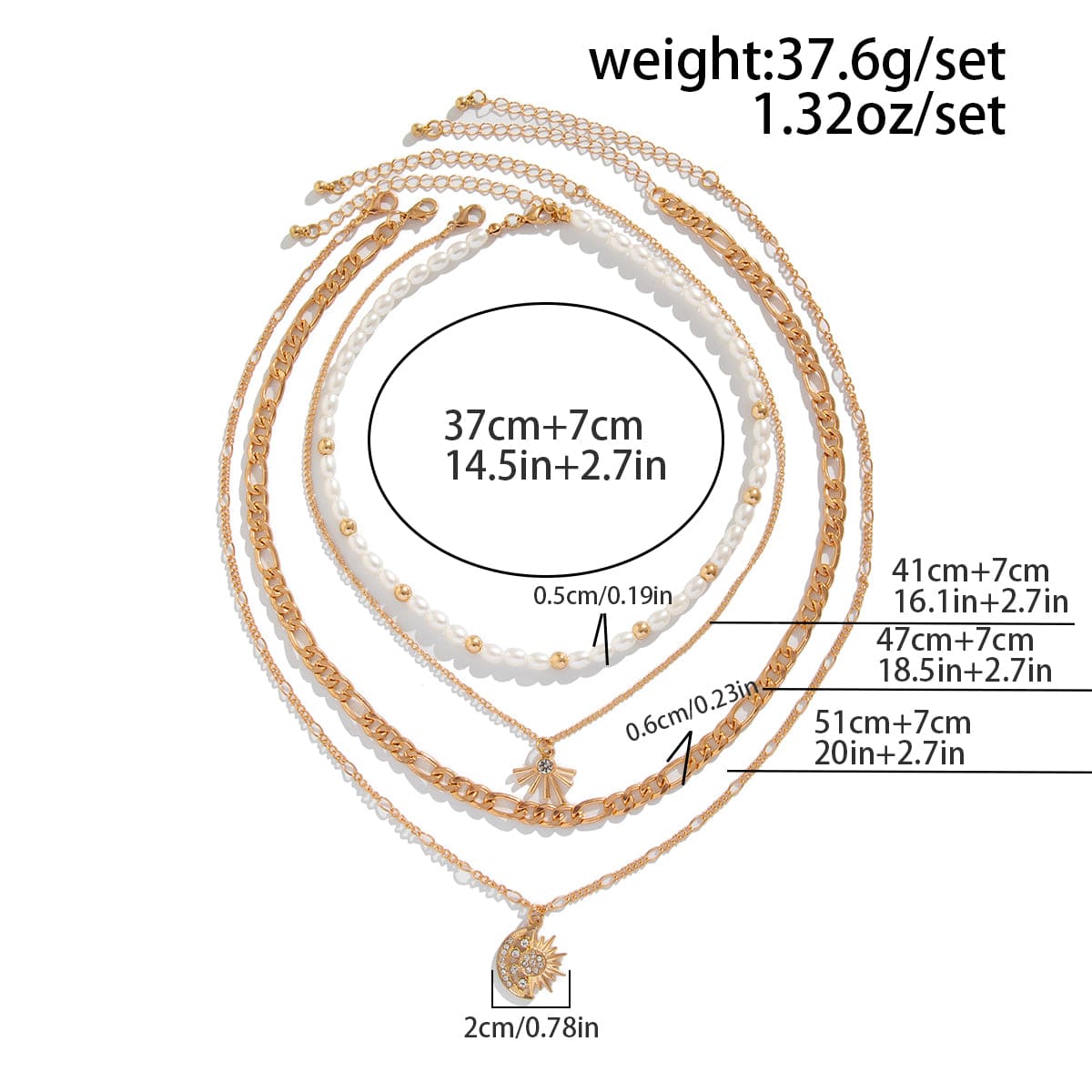 Chic 4pcs Rhinestone Inlaid Sun Moon Pendant Pearl Chain Necklace Set - ArtGalleryZen