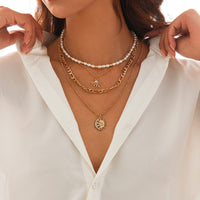 Thumbnail for Chic 4pcs Rhinestone Inlaid Sun Moon Pendant Pearl Chain Necklace Set - ArtGalleryZen