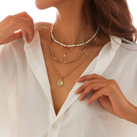 Thumbnail for Chic 4pcs Rhinestone Inlaid Sun Moon Pendant Pearl Chain Necklace Set - ArtGalleryZen