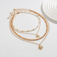 Thumbnail for Chic 4pcs Rhinestone Inlaid Sun Moon Pendant Pearl Chain Necklace Set - ArtGalleryZen