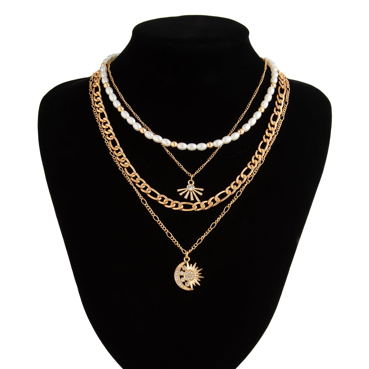 Chic 4pcs Rhinestone Inlaid Sun Moon Pendant Pearl Chain Necklace Set