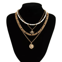 Thumbnail for Chic 4pcs Rhinestone Inlaid Sun Moon Pendant Pearl Chain Necklace Set