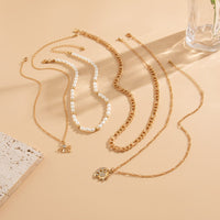 Thumbnail for Chic 4pcs Rhinestone Inlaid Sun Moon Pendant Pearl Chain Necklace Set