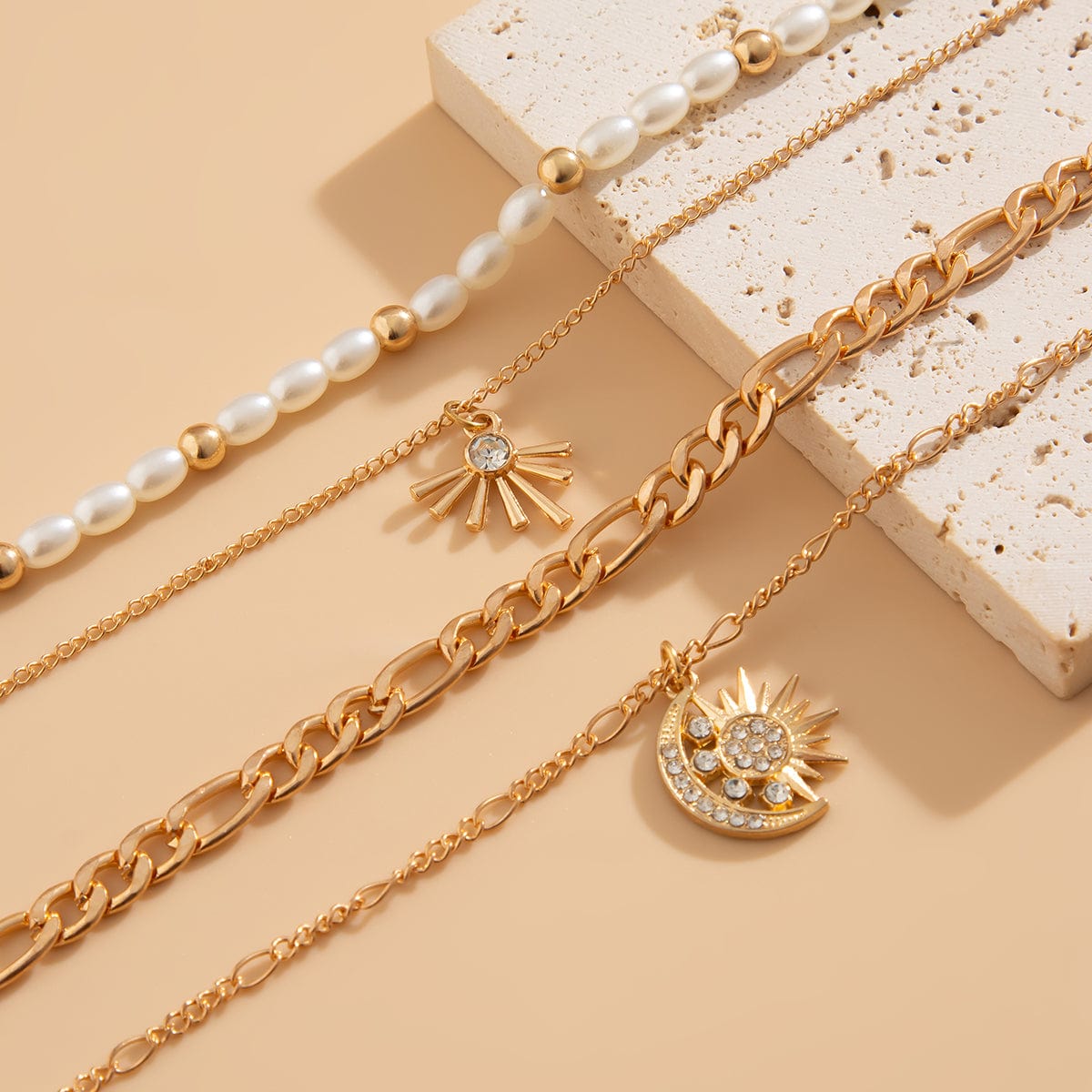 Chic 4pcs Rhinestone Inlaid Sun Moon Pendant Pearl Chain Necklace Set