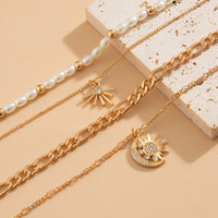 Thumbnail for Chic 4pcs Rhinestone Inlaid Sun Moon Pendant Pearl Chain Necklace Set