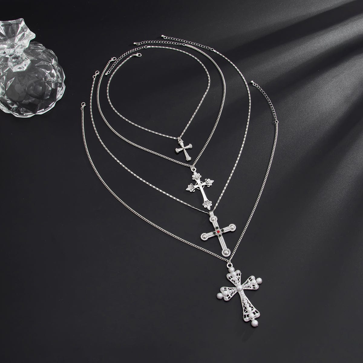 Chic 4pcs Rhinestone Pearl Inlaid Cross Pendant Necklace Set - ArtGalleryZen