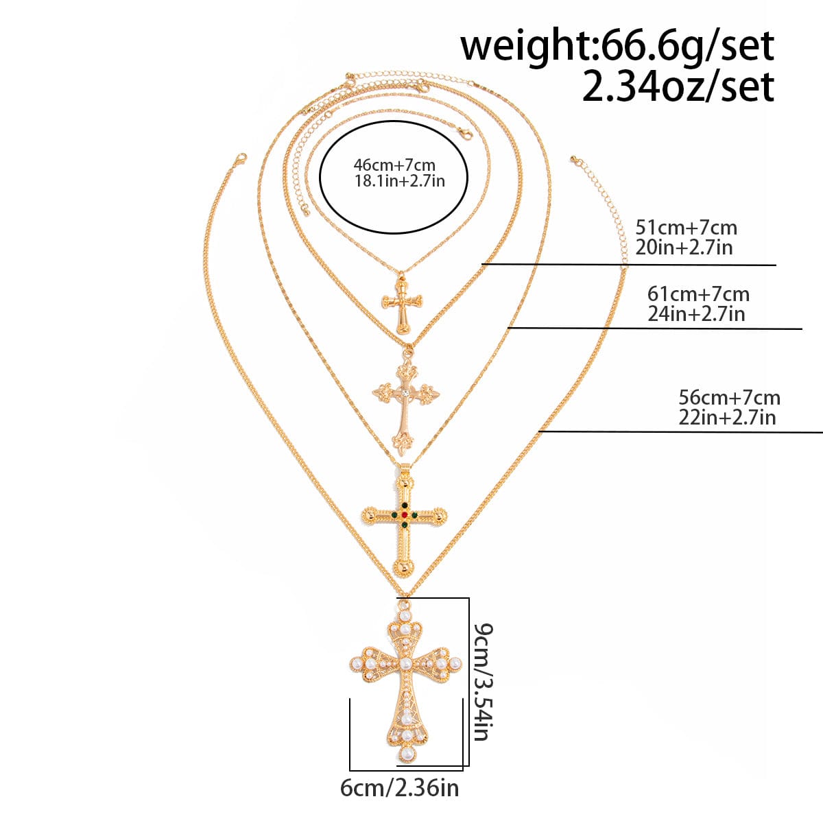 Chic 4pcs Rhinestone Pearl Inlaid Cross Pendant Necklace Set - ArtGalleryZen