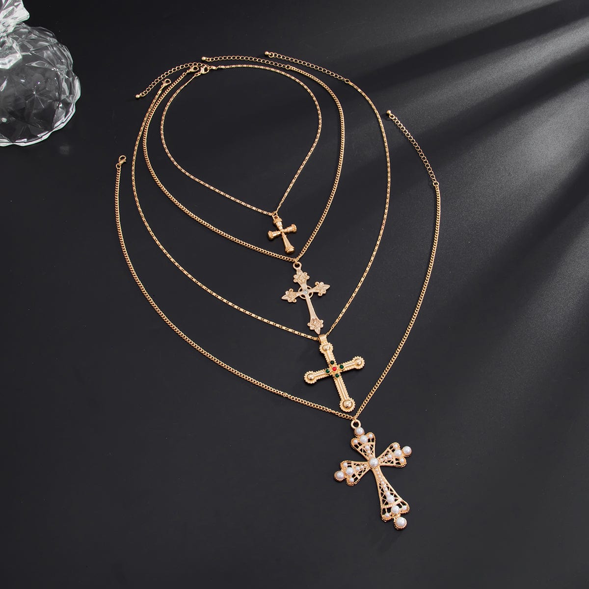 Chic 4pcs Rhinestone Pearl Inlaid Cross Pendant Necklace Set - ArtGalleryZen