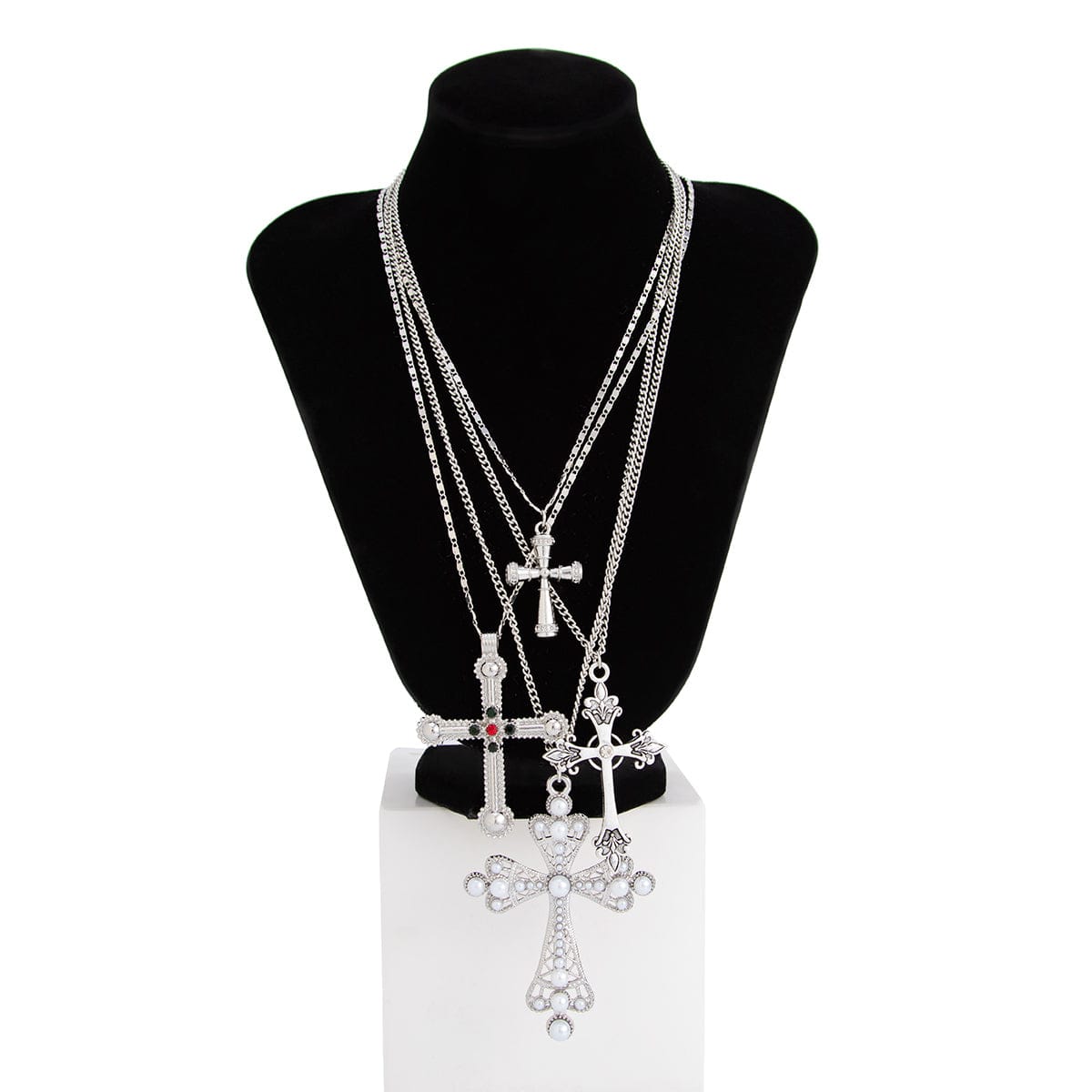 Chic 4pcs Rhinestone Pearl Inlaid Cross Pendant Necklace Set - ArtGalleryZen