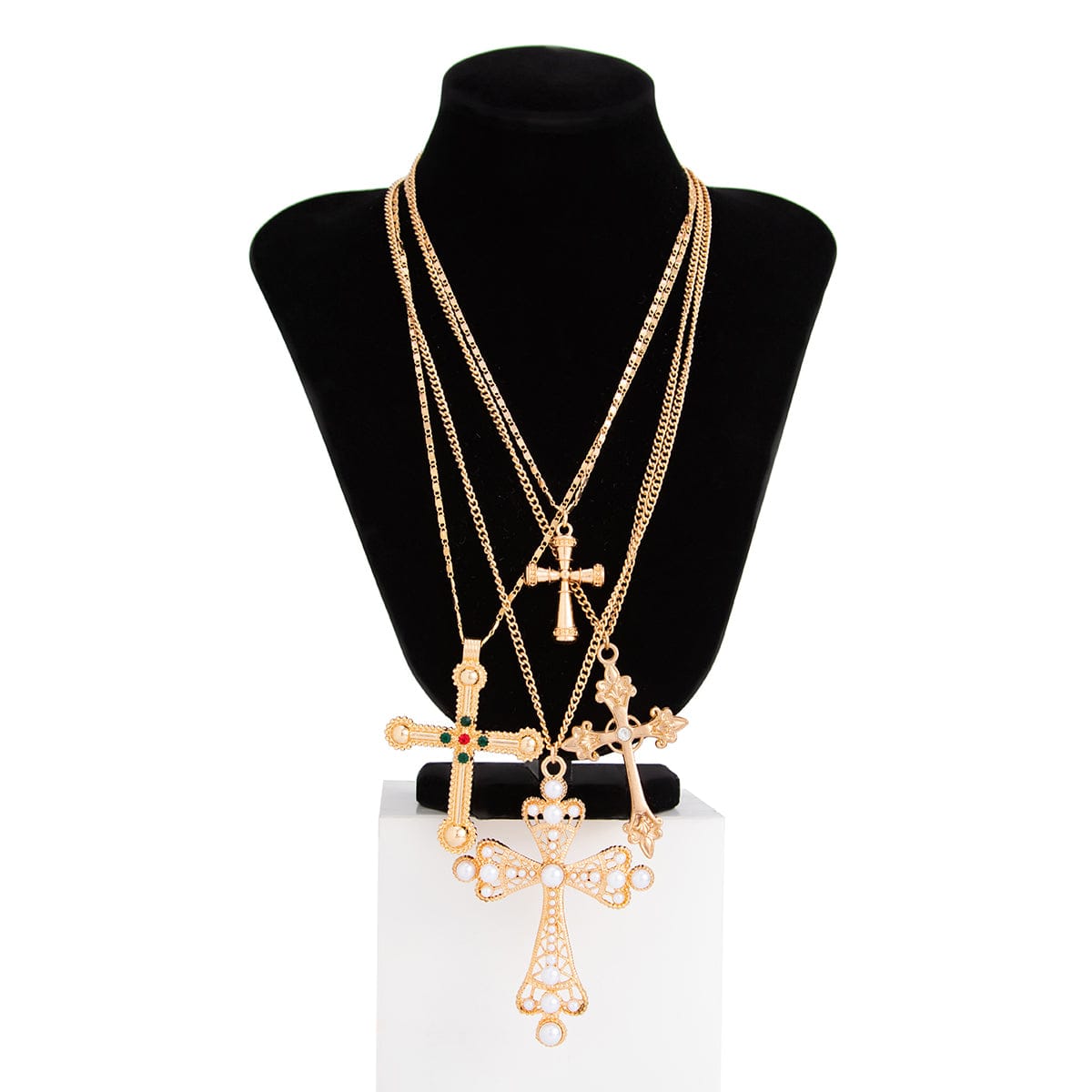 Chic 4pcs Rhinestone Pearl Inlaid Cross Pendant Necklace Set - ArtGalleryZen