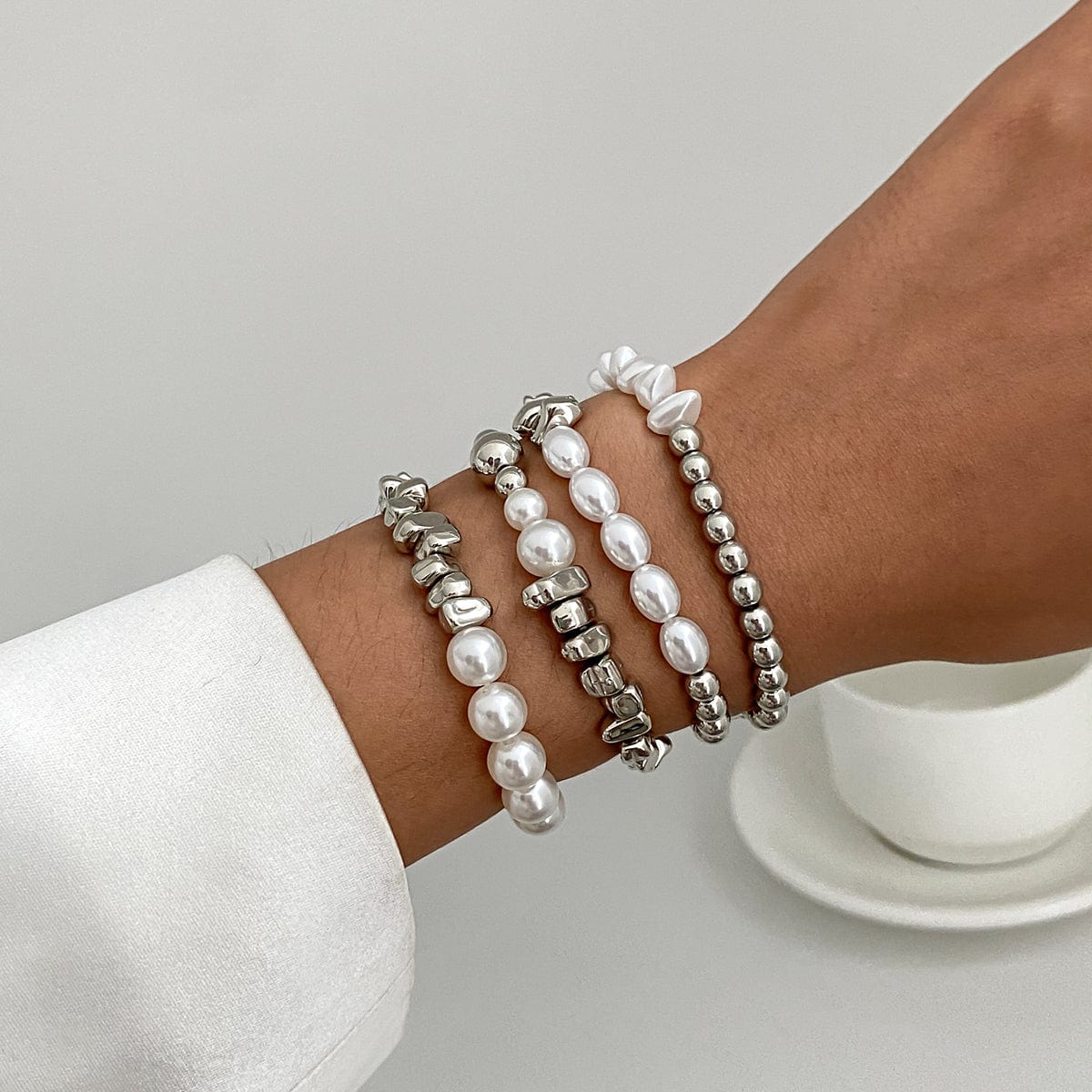 Chic 4pcs Silver Tone Irregular Pearl Beaded Chain Bracelet Set - ArtGalleryZen