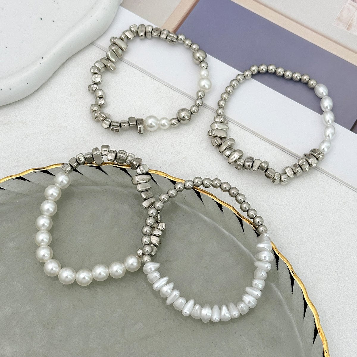 Chic 4pcs Silver Tone Irregular Pearl Beaded Chain Bracelet Set - ArtGalleryZen