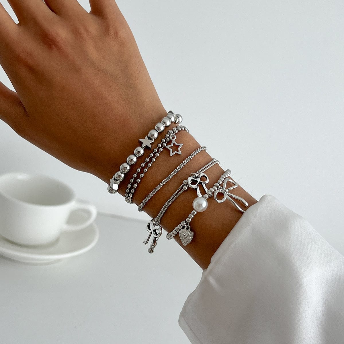 Chic 5pcs Bow Star Heart Tassel Pearl Ball Chain Bracelet Set - ArtGalleryZen