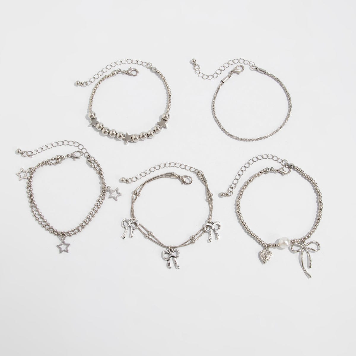 Chic 5pcs Bow Star Heart Tassel Pearl Ball Chain Bracelet Set - ArtGalleryZen