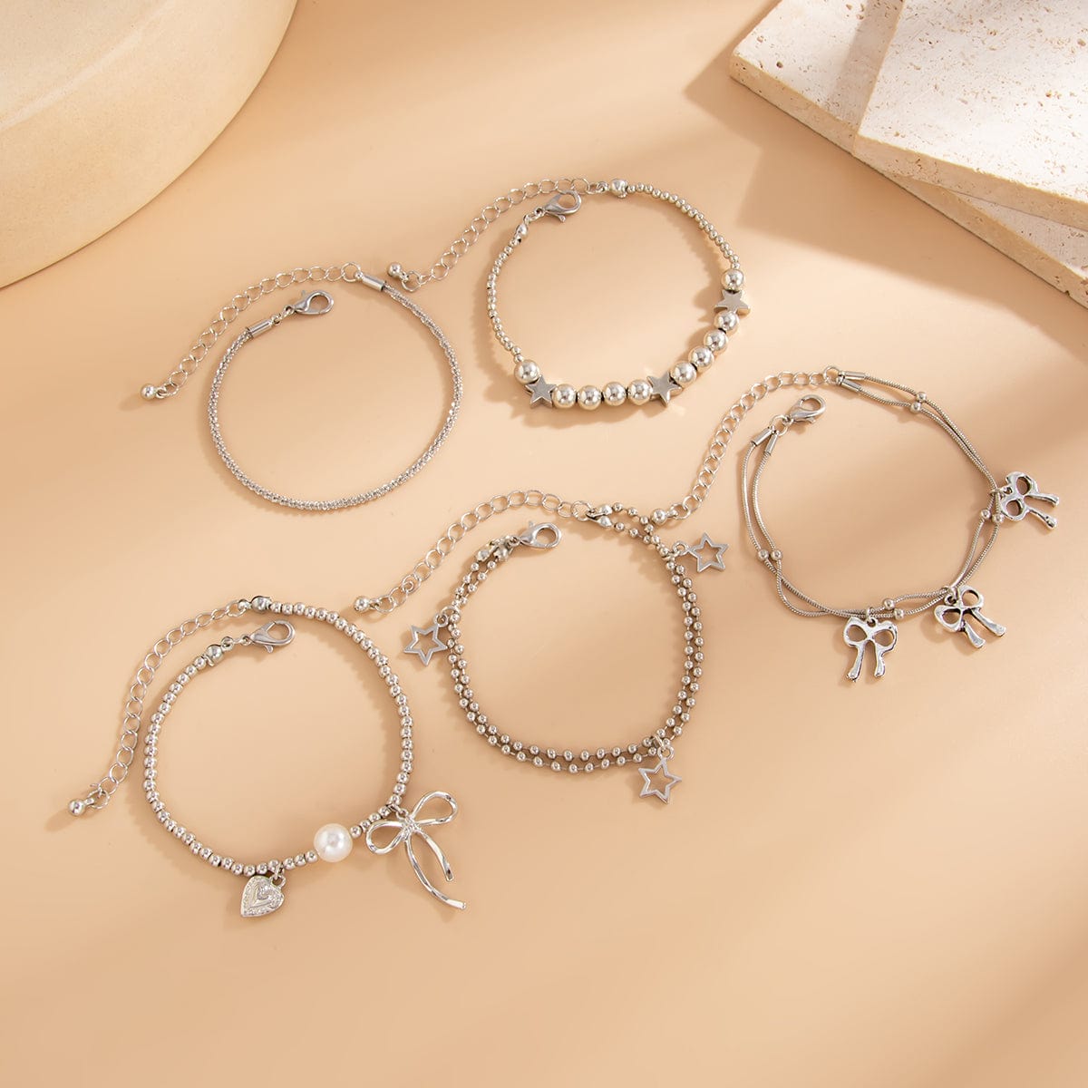 Chic 5pcs Bow Star Heart Tassel Pearl Ball Chain Bracelet Set - ArtGalleryZen