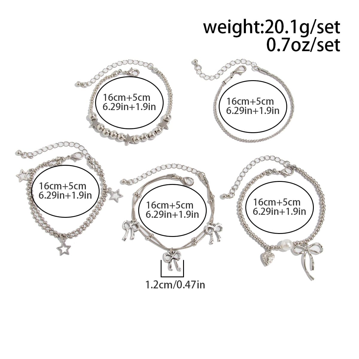Chic 5pcs Bow Star Heart Tassel Pearl Ball Chain Bracelet Set - ArtGalleryZen